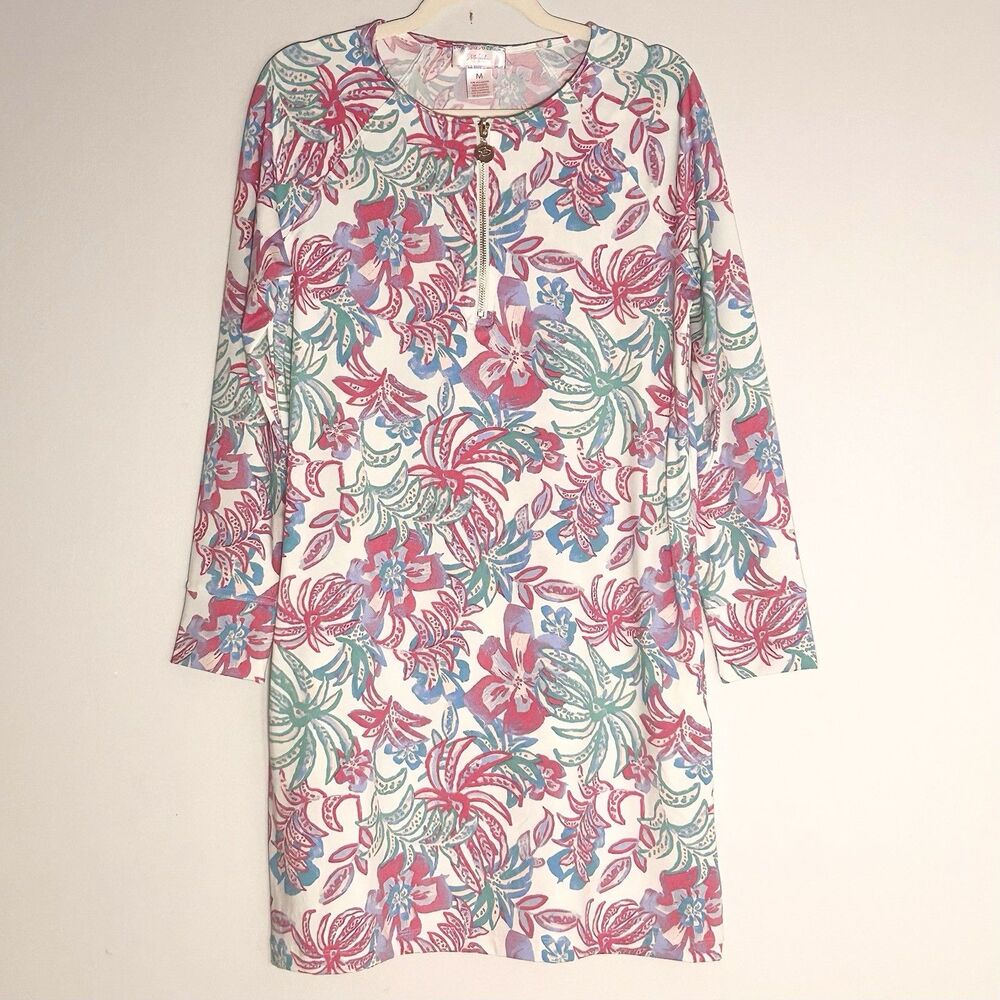 Stella Parker Floral Shift Dress Womens M Pink Blue Tropical Quarter Zip Stretch